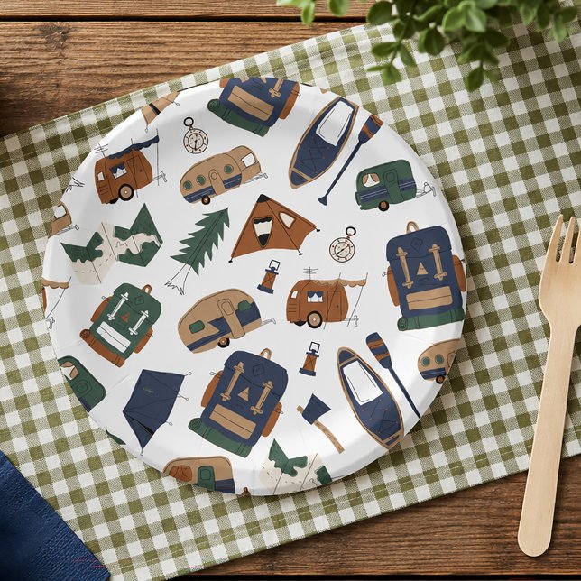 Pratos de papel com padrão de desenho de aventura  (Camping Themed Paper Plate)