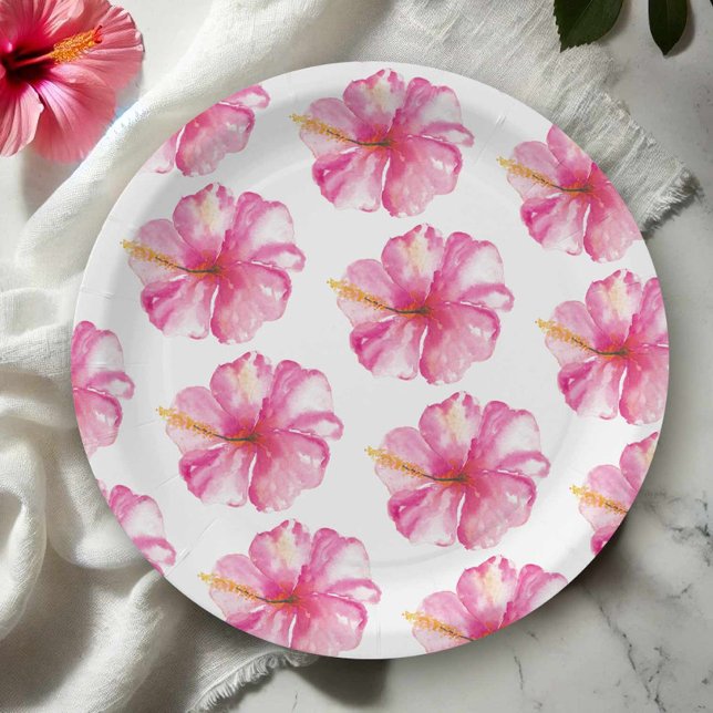 Pratos de Papel com Padrão de Flores de Hibisco Ro (Hawaiian theme party accessories features hibiscus flower paper plates)