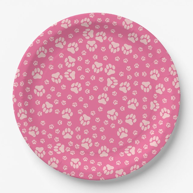 Pratos de Papel com Pegada de Pata Rosa Vibrante (Frente)