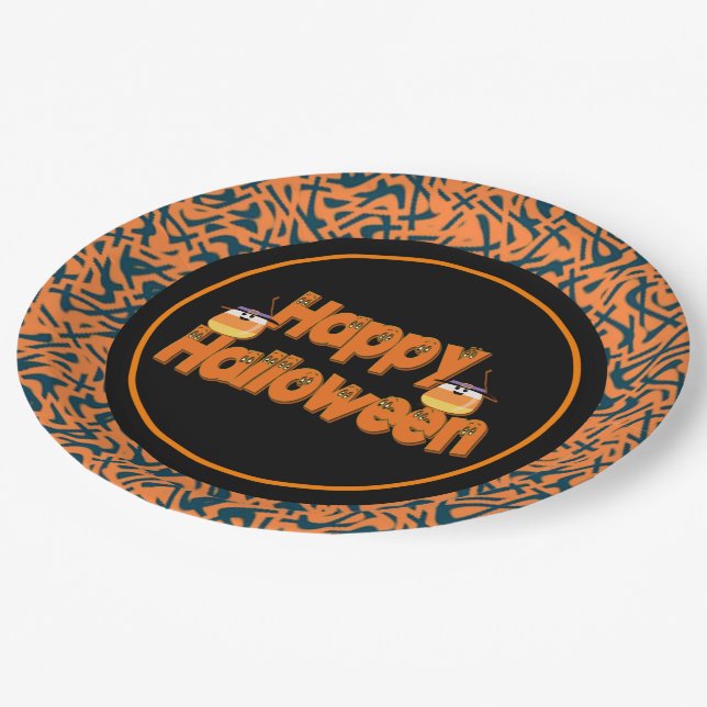Pratos de papel com texto caprichoso Feliz Hallowe (Inclinado)