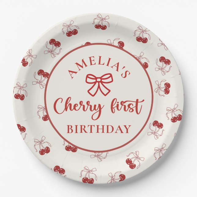Pratos de papel Coquette Cherry Primeiro Aniversár (Frente)