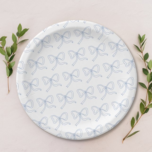 Pratos de Papel Coquette com Laço de Fita Azul par (Personalized Blue Ribbon Baby Shower Paper Plates
)