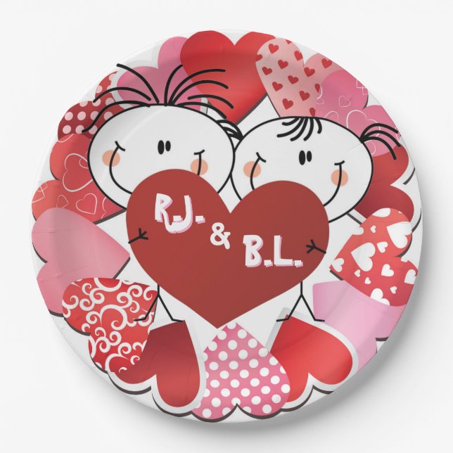Pratos de Papel Corações Monogramados (Frente)