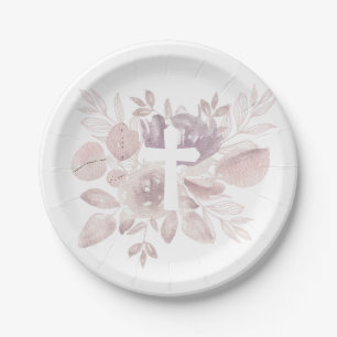 Pratos de Papel Cruz Floral Aquarela Roxo Mauve