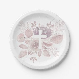 Pratos de Papel Cruz Floral Aquarela Roxo Mauve