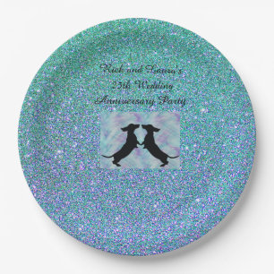 Pratos de Papel Dachshund com Glitter Ombre Aqua R