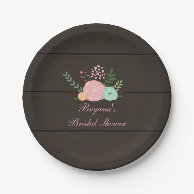 Pratos de Papel Dark Wood & Rustic Floral Chic (Frente)
