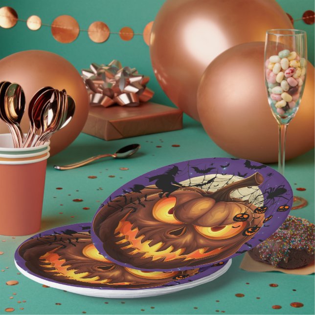 Pratos de Papel de Abóbora de Halloween Assustador (Múltiplo)