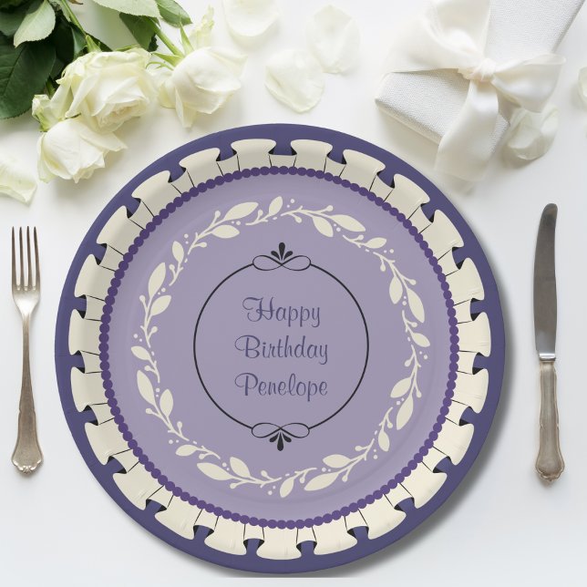 Pratos de Papel de Aniversário Botânico Lavanda El (Customizable Elegant Lavender Botanical Birthday Paper Plate)