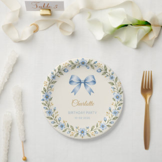 Pratos de Papel de Aniversário com Laço Floral Azu