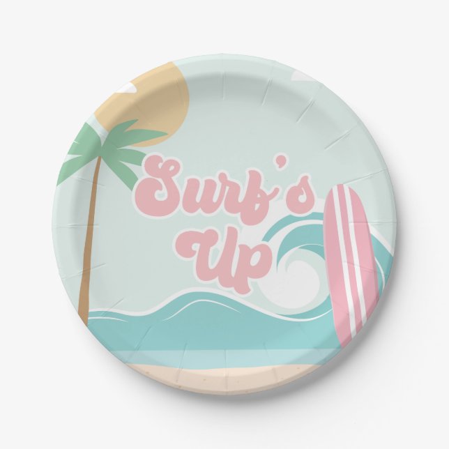 Pratos de papel de aniversário da praia rosa Surfs (Frente)
