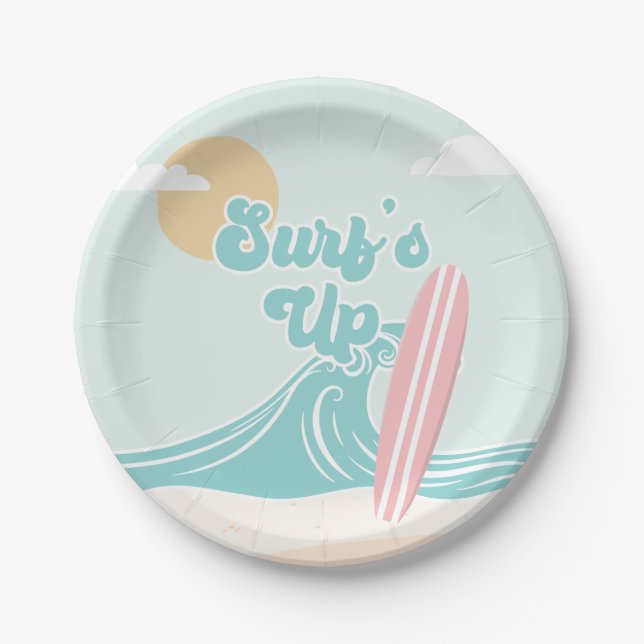 Pratos de papel de aniversário da praia rosa Surfs (Frente)