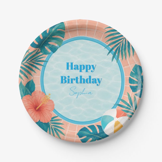 Pratos de Papel de Aniversário de Festa de Piscina (Frente)