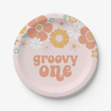 Pratos de papel de aniversário Groovy One Retro Fl