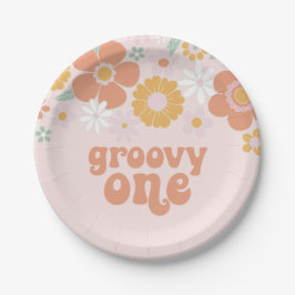 Pratos de papel de aniversário Groovy One Retro Fl