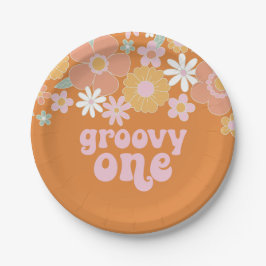 Pratos de papel de aniversário Groovy One Retro Fl