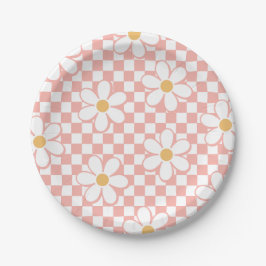 Pratos de papel de aniversário Pink Retro Checker