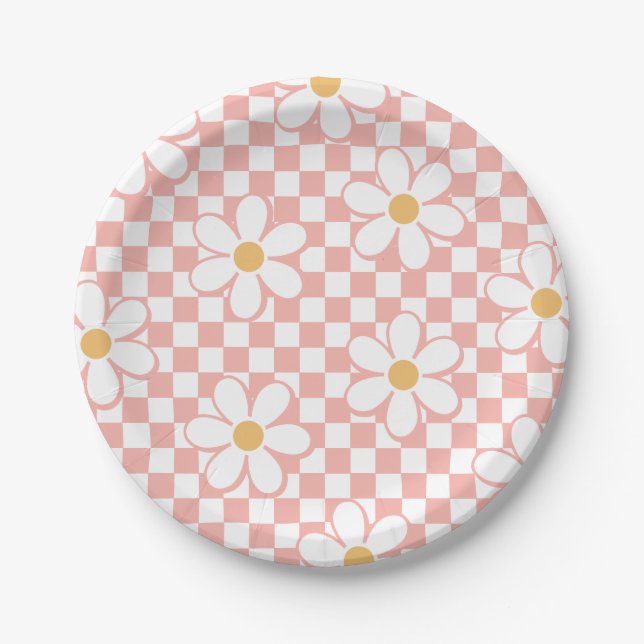 Pratos de papel de aniversário Pink Retro Checker  (Frente)