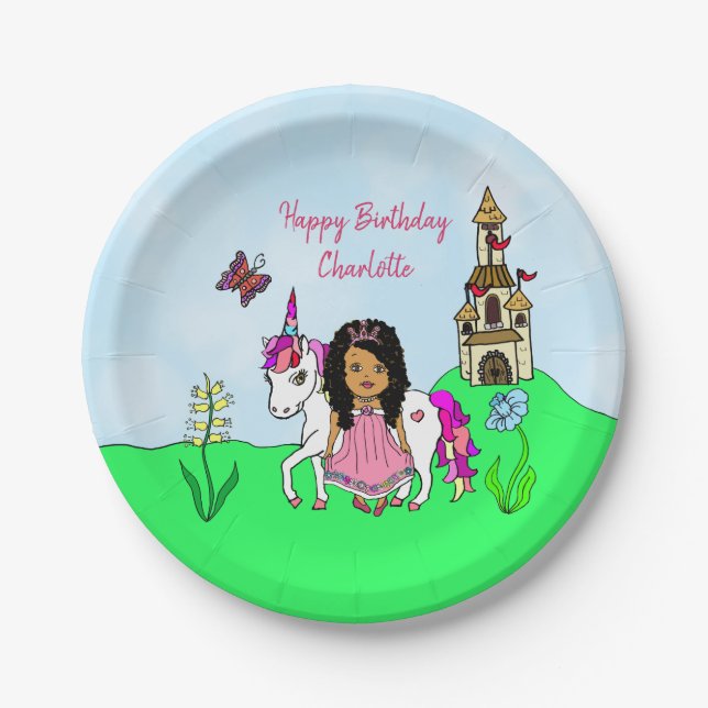 Pratos de papel de aniversário Unicórnio e Princes (Frente)