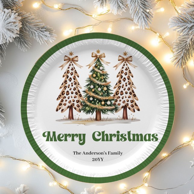 Pratos de Papel de Árvore de Natal Leopardo Ousado (Bold Leopard Christmas Tree Editable Paper Plates)