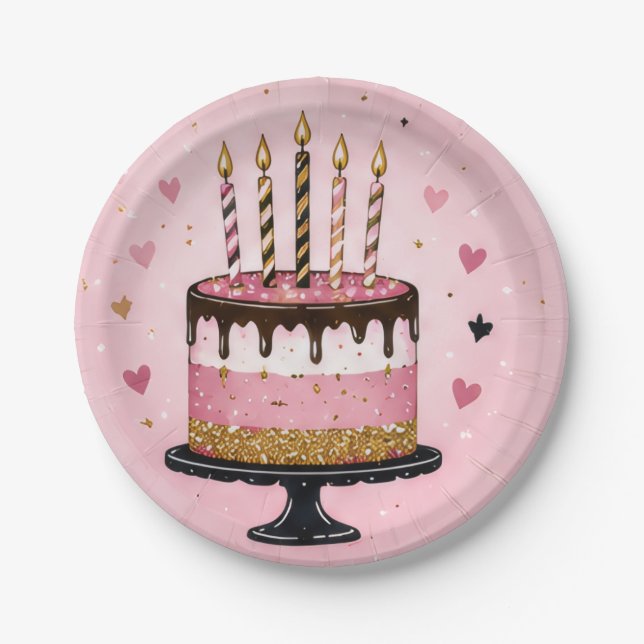 Pratos de Papel de Bolo de Aniversário Rosa (Frente)