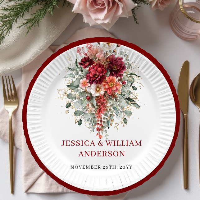 Pratos de Papel de Casamento Floral Outono Marrom  (Rustic Maroon Autumn Floral Wedding Paper Plates

)