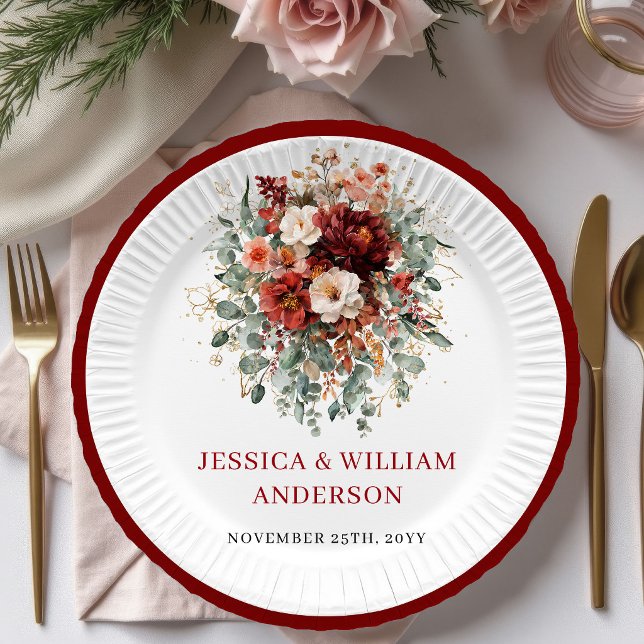 Pratos de Papel de Casamento Outono Marrom Clássic (Classic Maroon Autumn Wedding Paper Plates Design

)