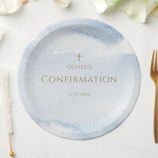 Pratos de Papel de Confirmação de Menino com Aquar (Blue Watercolor Boy Confirmation Paper Plates)