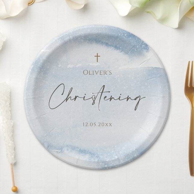 Pratos de Papel de Cristã Azul para Menino (Blue Watercolor Boy Christening Paper Plates)