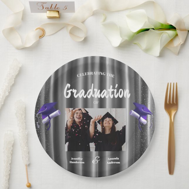 Pratos de papel de dupla formatura roxo elegante c (Casamento)