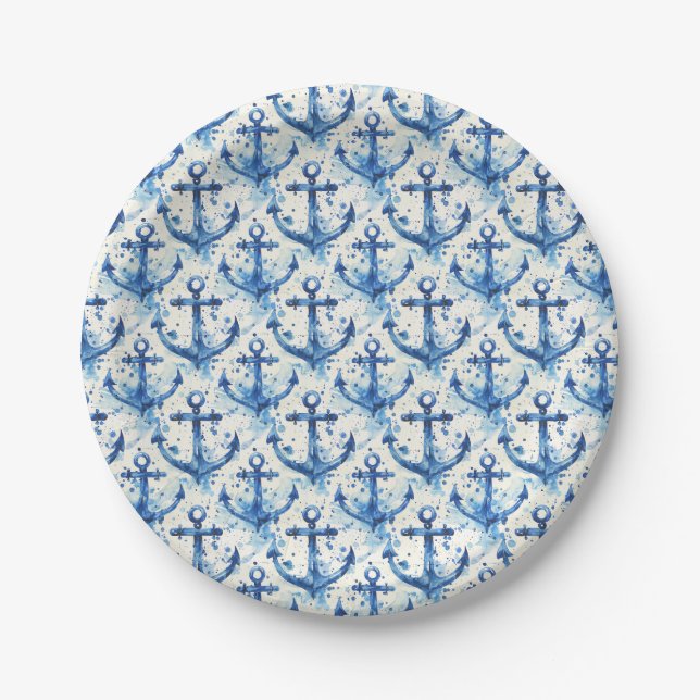Pratos de papel de festa com design de âncora náut (Frente)