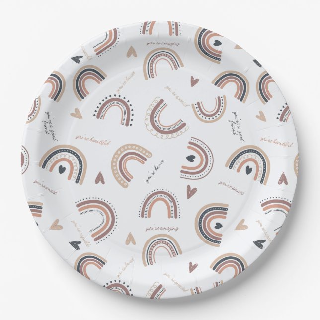 Pratos de Papel de Festa Tema Arco-Íris Boho Afirm (Frente)