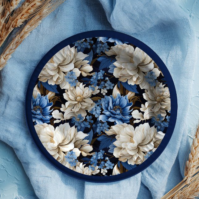Pratos de Papel de Festas Florais Azul-Marinho da  (Trendy Navy Blue Floral Stylish Party Paper Plates)