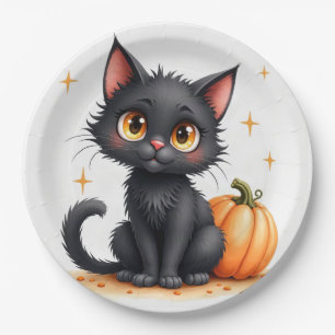 Pratos de papel de gato preto fofo de Halloween