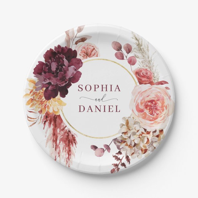 Pratos de Papel de Grama Boho Luxuosa Pampas (Frente)