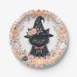 Pratos de Papel de Halloween com Gato Preto Fofo
