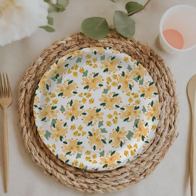 Pratos de papel de jardim floral aquarela amarela (Yellow watercolor floral garden baby or bridal shower paper plates.)