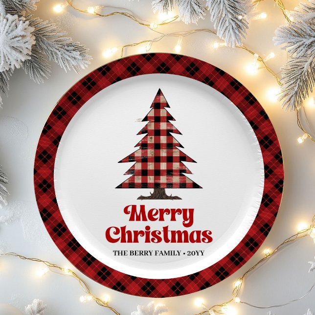 Pratos de Papel de Natal Árvore Xadrez Vermelho Pr (Rustic Red Black Plaid Tree Christmas Paper Plates)