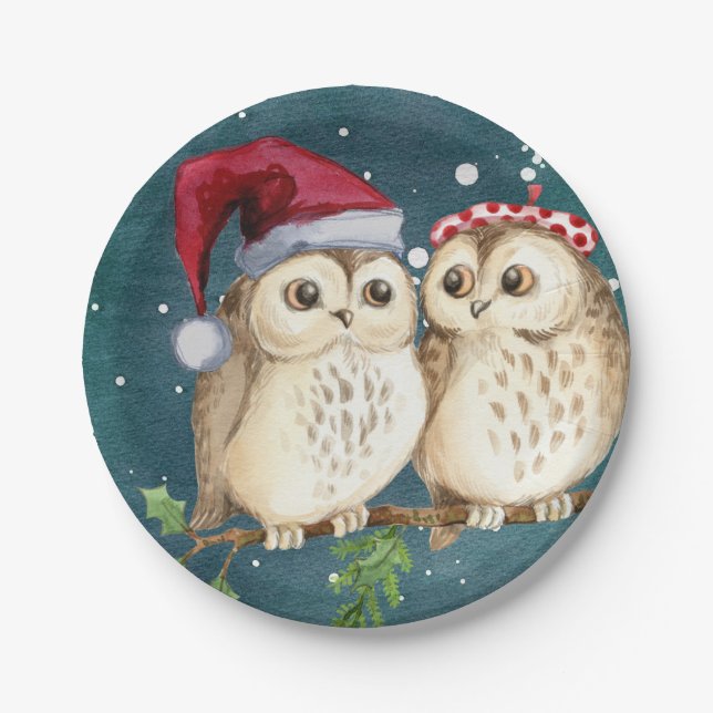 Pratos de Papel de Natal com Coruja Fofa Louças pa (Frente)
