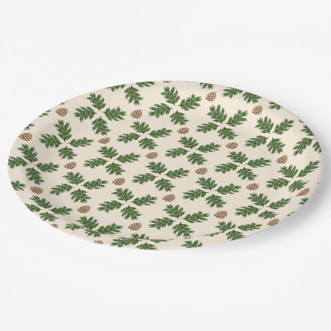 Pratos de Papel de Natal com Evergreen e Pinhas Rú (Inclinado)