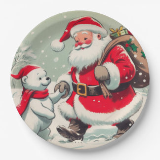Pratos de Papel de Natal do Papai Noel e Urso Vint