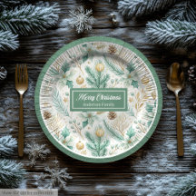 Pratos de Papel de Natal Fofo Pastel Sage e Dourad