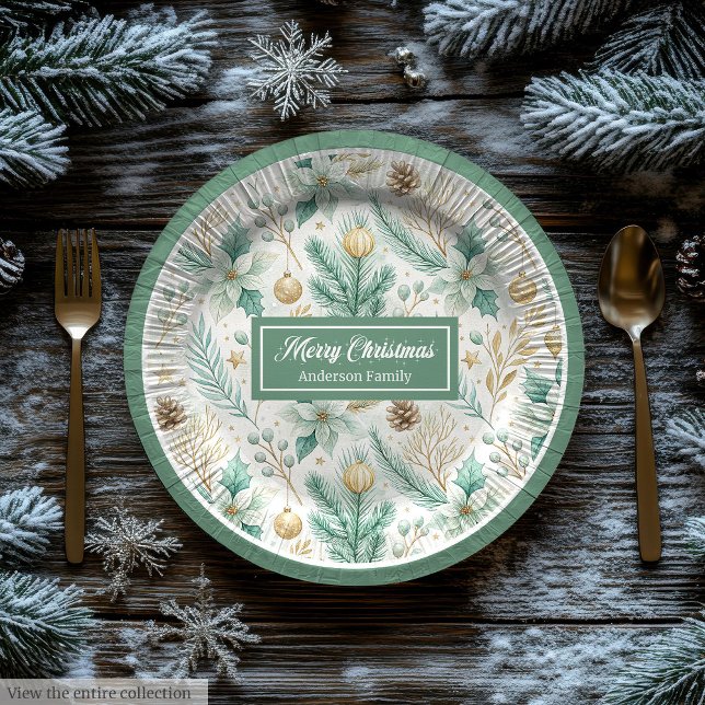 Pratos de Papel de Natal Fofo Pastel Sage e Dourad (Cute Christmas Paper Plates Pastel Sage and Gold)