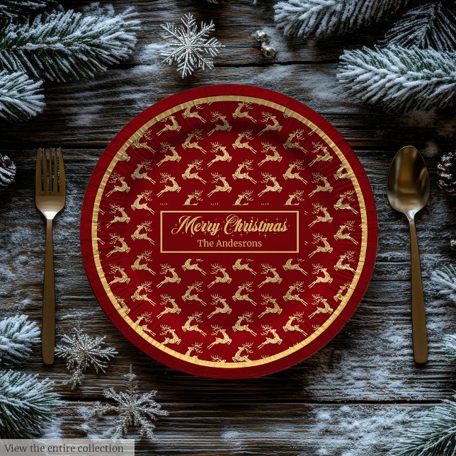 Pratos de Papel de Natal Moderno Vermelho e Dourad (Modern Christmas Paper Plates Red & Gold Reindeer)