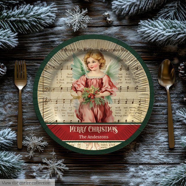 Pratos de Papel de Natal Personalizados com Anjo V (Custom Christmas Paper Plates Vintage Angel Accent)