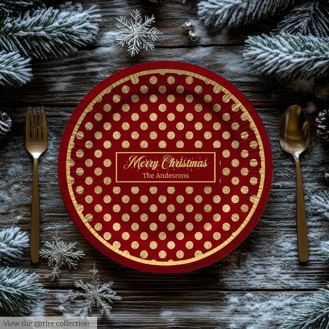 Pratos de Papel de Natal Personalizados Pontos Ver (Personalized Holiday Paper Plates Red & Gold Dots)