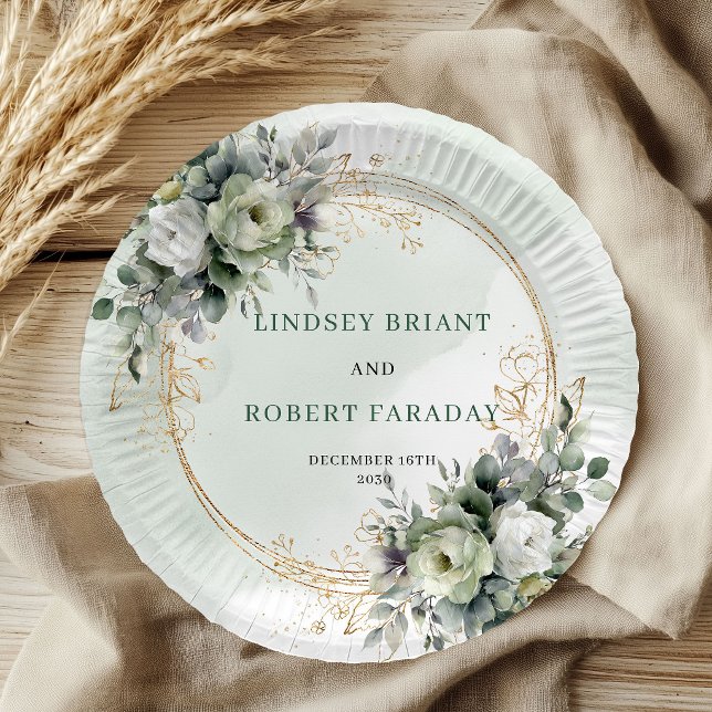Pratos de Papel de Noiva com Folhagem Botânica em  (Dusty Green Botanical Foliage Wedding Paper Plates)