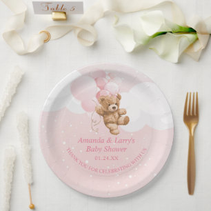 Pratos de papel de ursinho rosa com balões