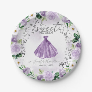 Pratos de Papel de Vestido Floral Roxo Sweet 16