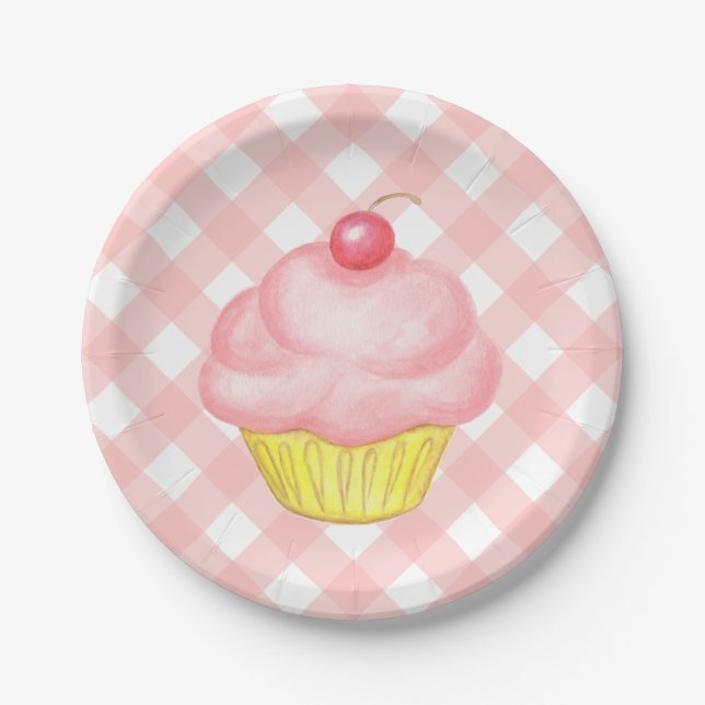 Pratos de papel de xadrez rosa com Cupcake (Frente)